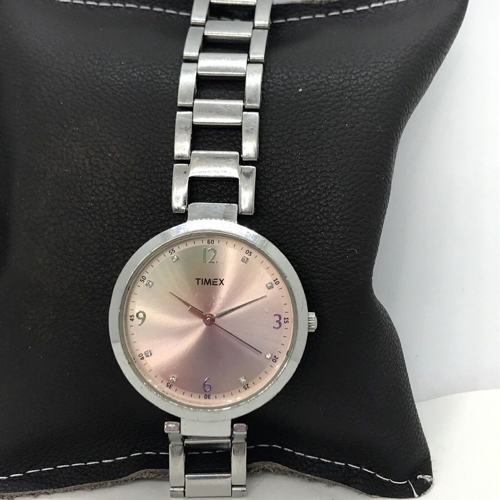 Timex Womens Pink Dial Stainless Steel Bracelet Watch crystals analog‎ Silver